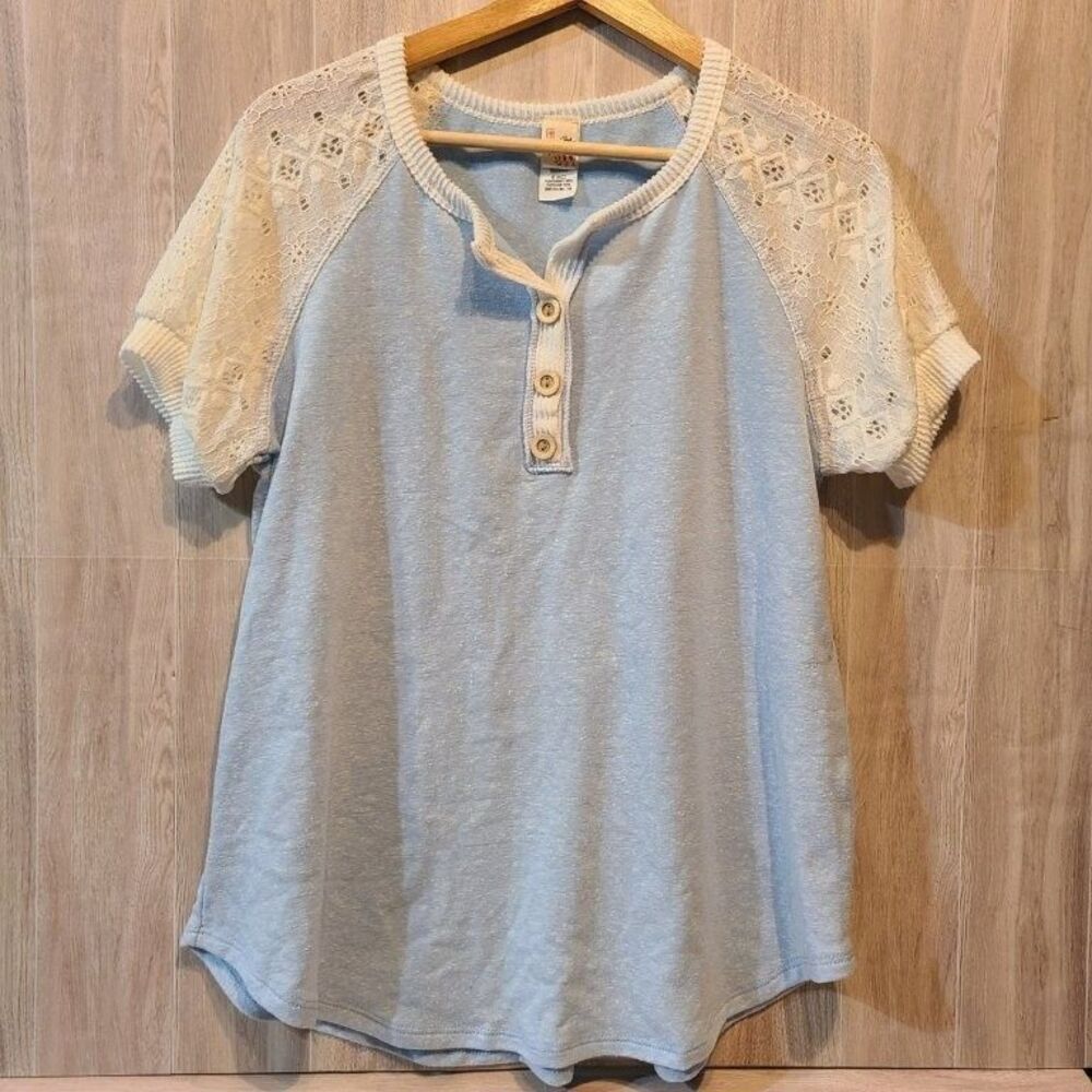 7th Roy Light Blue Shirt M Lace Sleeve Knit Henley Tee Blouse Top Women 7th Ray